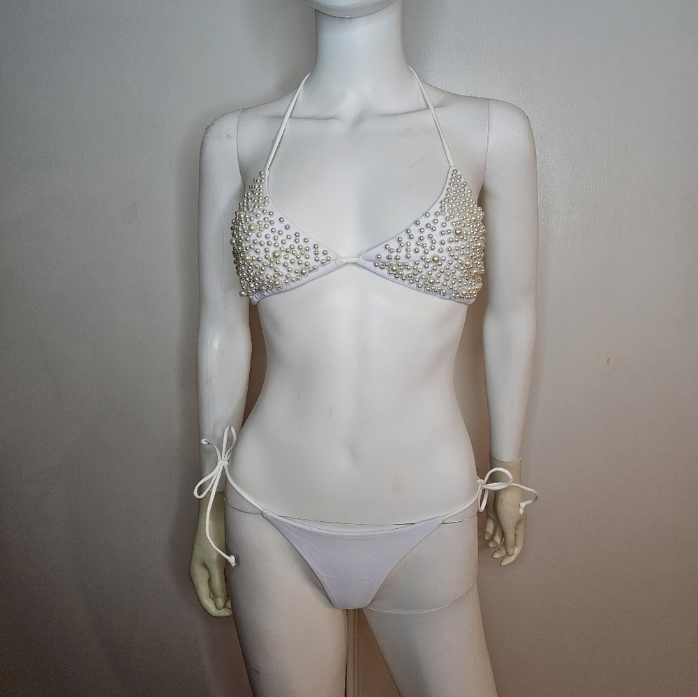 Elegant White Bikini with Pearl Accents